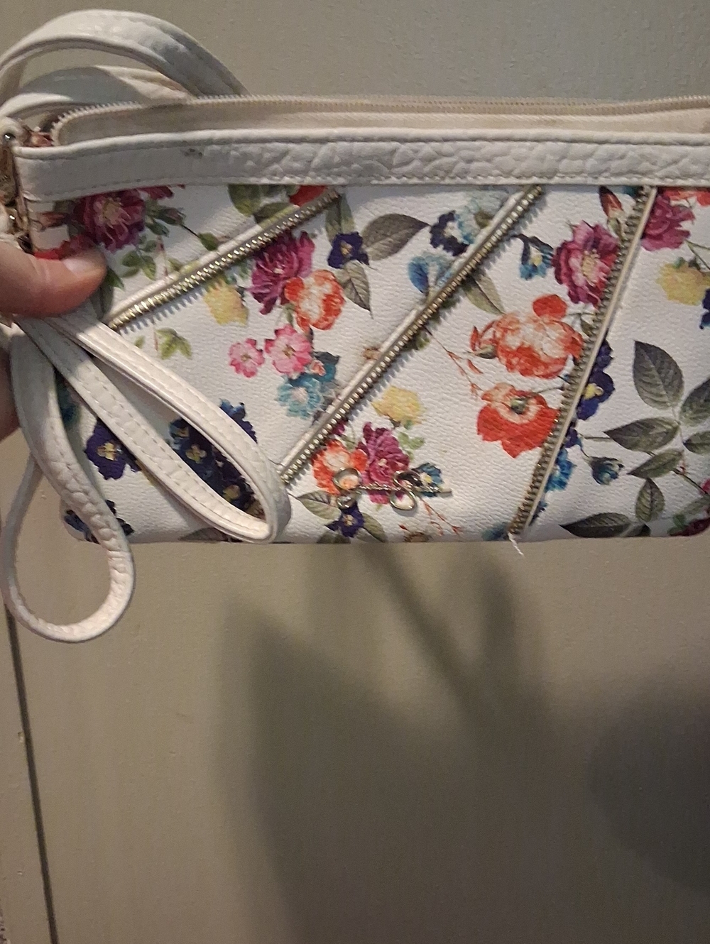 White Floral Wristlet Clutch with Multicolor Bloom Print